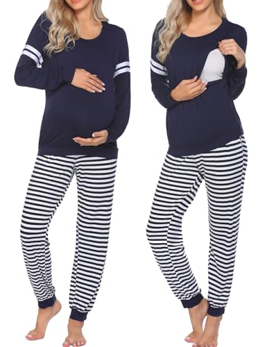 Maternity Pajamas Set Nursing Breastfeeding Postpartum Pregnancy Pjs - color: Navy Blue, size: Medium