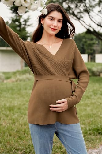 OUGES Womens Soft Cotton Blend Maternity Sweater Wrap V Neck Long Sleeve V Back Fall Shirts Pregnancy Outfits with Belt - color: Brown, size: XX-Large