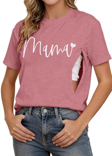 Women's Breastfeeding Shirt Zipper Nursing T-Shirt Maternity Graphic Tees - color: Pink, size: Medium
