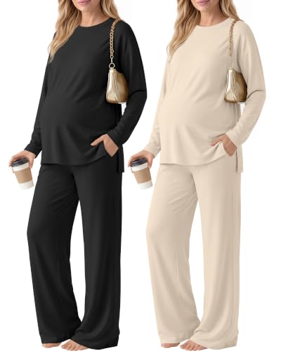 Huukeay 2 Pack Maternity Long Sleeve Pajamas Sets - color: Apricot, Black, size: Medium