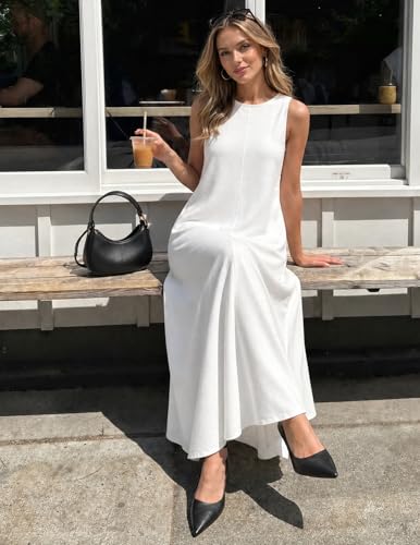MEROKEETY Women's Summer Maxi Dresses Casual Sleeveless Cotton Tank Dress - color: White, size: Medium