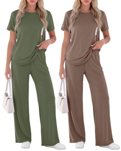 Ficerd 2 Pack Maternity Nursing Pajama Breastfeeding Sets Pjs - color: Army Green, Coffee, size: Large