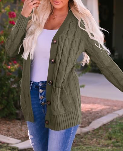 ZESICA Long Sleeve Button Down Open Front Cable Knit Cardigan Sweaters - color: Armygreen, size: Medium
