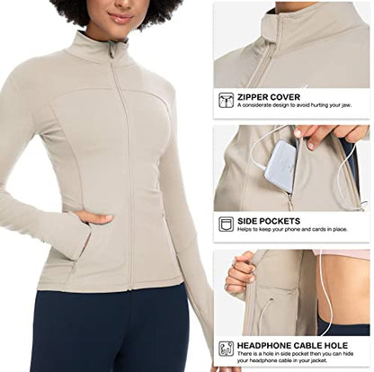 Queenie Ke Womens Running Jackets with Zipper Pockets - color: Beige, size: Large