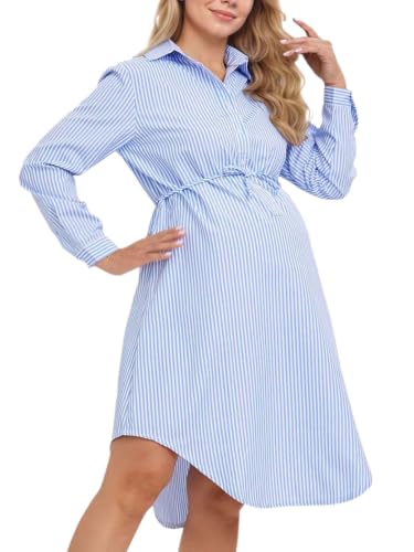 Striped Maternity Dress Casual Summer Pregnancy Dress Bump - color: Blue, size: Small