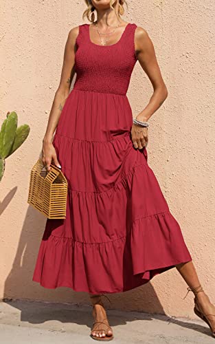 PRETTYGARDEN Women's Smocked Tank Casual Plain Maxi Sundress with Pockets - color: Red, size: Medium