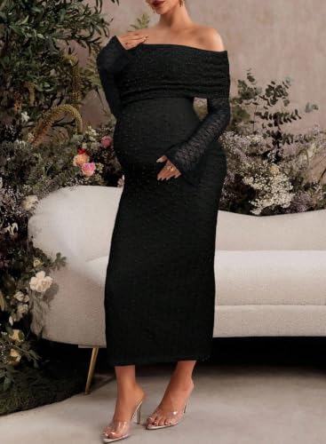 BLENCOT Womens Off Shoulder Flare Sleeve Split Bodycon Maternity Dress - color: Black, size: Small