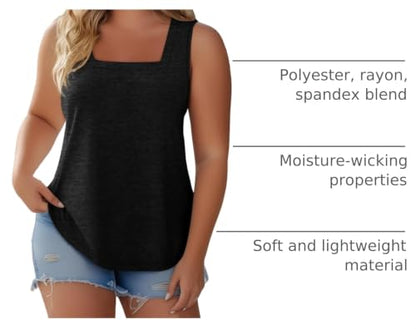 3 Pack Women Plus Size Tank Tops Basic Square Neck Sleeveless Tees - color: Black Redwood Lightgreen, size: Medium