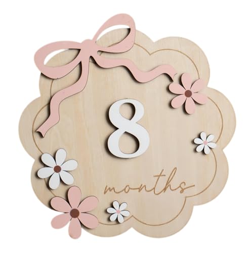 A Set of Baby Monthly Milestone Signs,Newborn 1-12 Months Wooden Milestone Markers, Baby Growth Record Photo Atmosphere Props, Memorial Photo Prop,Babygirl Boy Essentials - color: Pink Bow