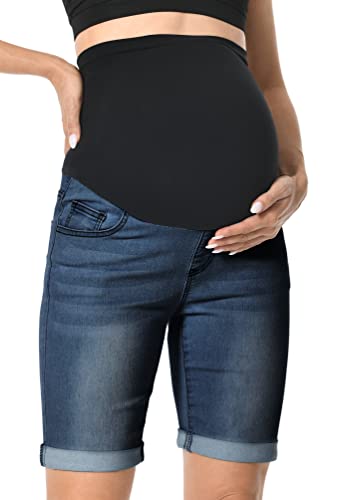 V VOCNI Maternity Bermuda Denim Shorts Rolled Cuff Jean Short - color: 44-a-dark Blue, size: X-Large