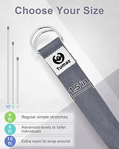 Tumaz Yoga Strap for Stretching with Adjustable D-Ring, 6/8/10 ft - color: 12. Gray, size: 6 Feet