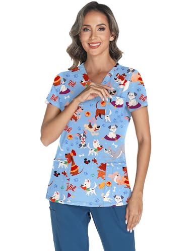 LOMON Women's V Neck Printed Scrub Top with 3 Pockets - color: Cute Dogs, size: Small