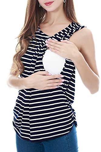 Smallshow Women's Maternity Nursing Tank Tops Breastfeeding Clothes 3-Pack - color: Dark Grey-orange-navy Stripe(3 Packs), size: Medium