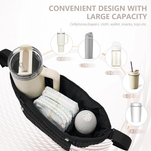 Stroller Organizer - Stylish Quilting Nylon, Universal Fit, Detachable Bag, Adjustable Multi-Storage for Baby Stroller and Pet Stroller（Black-A - color: Black