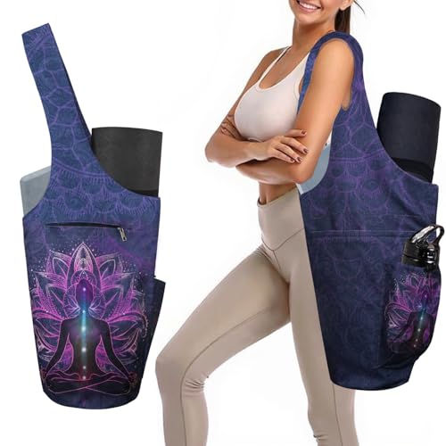 Yoga Mat Bag Carrier for Women Workout Large Waterproof with Zipper Pocket, Keychain and Wide Shoulder Straps - color: buddha meditation