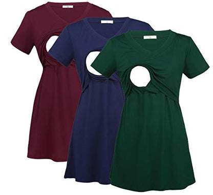 Bearsland Womens 3 Packs V Neck Nursing Tops Maternity Breastfeeding Tee Shirts - color: Red+blue+green（3pcs）, size: Medium