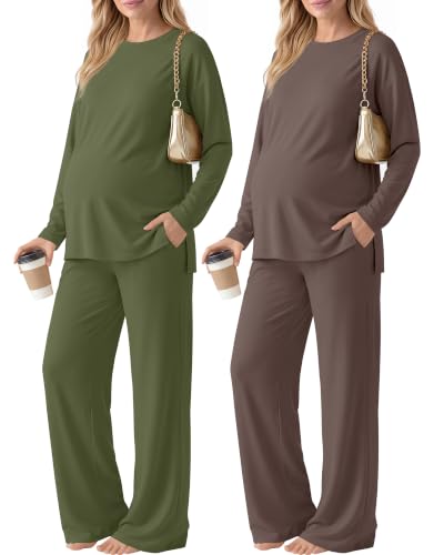 Huukeay 2 Pack Maternity Long Sleeve Pajamas Sets - color: Army Green, Coffee, size: Small