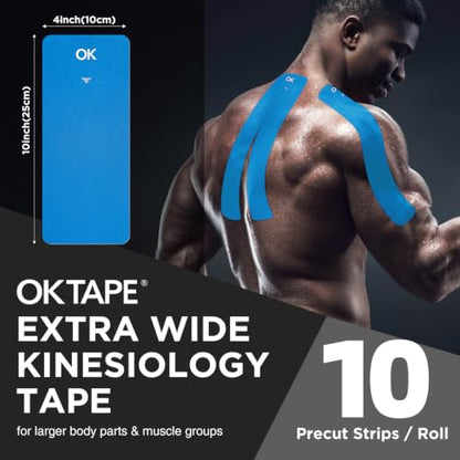 OK TAPE Extra Wide Kinesiology Tape for Shoulder, Back, Precut Strips - color: Blue, size: 1 Roll