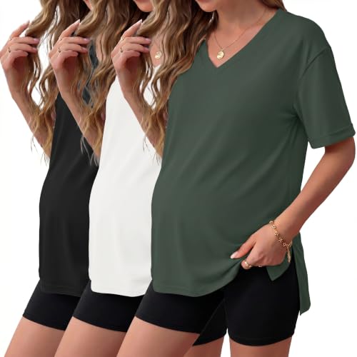 Ekouaer Maternity Shirts 3 Pack Oversized Pregnancy Tops Summer Clothes - color: 3 Pcs Black/ White/ Army Green, size: Medium