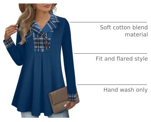 Gaharu Women's Swing Tunic Notch Collar Ladies Button Sweatshirt Long Sleeve Pullover Shirt Tops - color: Black Blue, size: XX-Large