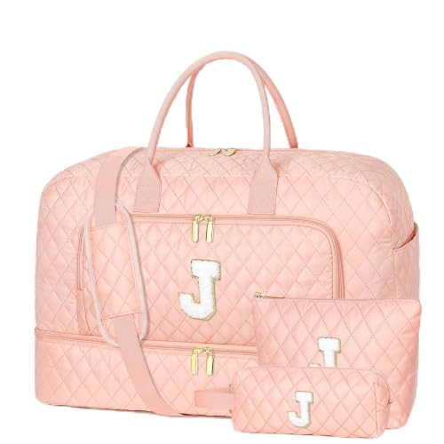 Graduation Gift for Her, Quilted Initial Travel Bag with Shoe Compartment - color: Pink Diamond Quilted, style: J