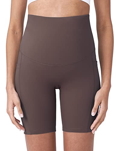POSHDIVAH Maternity Biker Shorts Over the Belly with Pockets 5"/8" - color: Dark Brown, size: X-Large