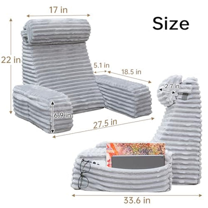 ENITYA 22" XL Back Pillow for Bed Sitting Up with Armrests & Big Pockets - color: Light Grey, size: XL(5'3"-5'11")