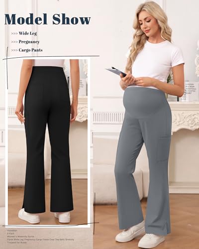 2 Pack Women's Maternity Wide Leg Cargo Scrub Pants - color: Black, Cool Light Gray, size: XX-Large