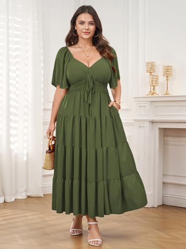 Plus Size Casual Summer Boho Maxi Long Dresses for Curvy Women - color: Green, size: 4X-Large Plus