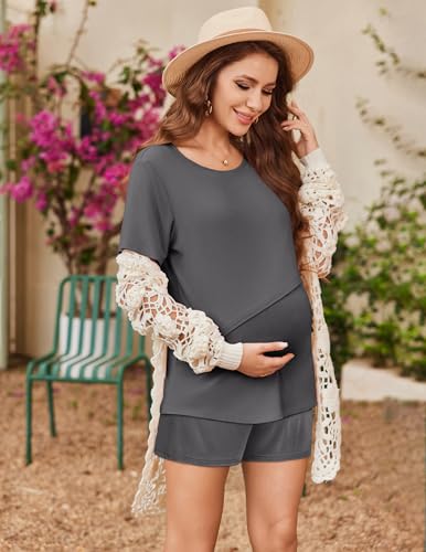 Ekouaer 2 Pack Nursing Pajamas Set Postpartum Outfits for Women - color: Black/Deep Grey, size: Large
