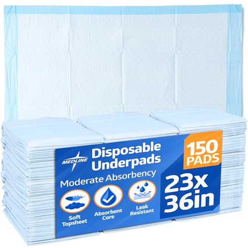 Medline Disposable Protection Plus Economy Weight Underpads, Tissue Only, Polypropylene Backing, White/Blue, 23 x 36 Inches, Case of 150