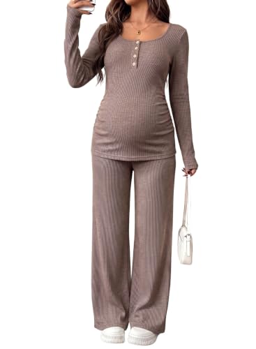 BLENCOT Maternity Clothes Ribbed Long Sleeve Sets Button 2 Piece Outfits - color: Brown, size: XX-Large