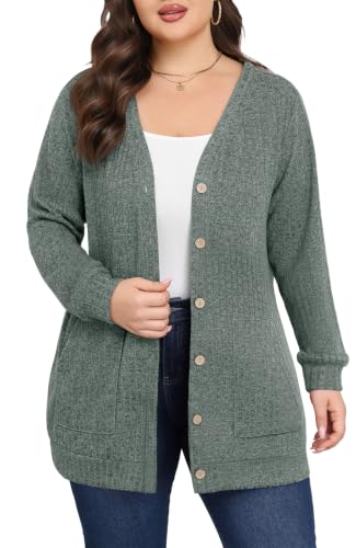 Lastshe Women Plus Size Cardigan Fall Thin Sweaters with Pockets 1X-5X - color: Blue Green, size: 4X