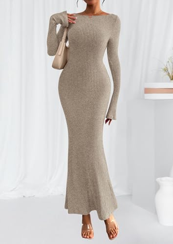 PRETTYGARDEN Women's Fall Long Sleeve Bodycon Maxi Dresses - color: Apricot, size: Small