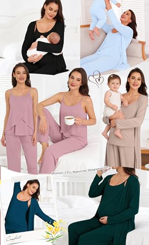 SWOMOG Maternity Pajamas Set 3 PCS Nusing Pajamas Labor and Delivery Gown & Camisole & Pants Postpartum Pjs - color: Lights Blue, size: Medium