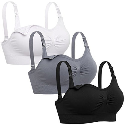 Womens Seamless Nursing Bra Sleeping Maternity Bralette for Breastfeeding Pack of 3 - color: Black White Grey, size: Medium