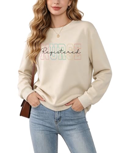 Registered Nurse Sweatshirt Women RN Nurse Long Sleeve Graphic Shirts - color: Beige, size: X-Large