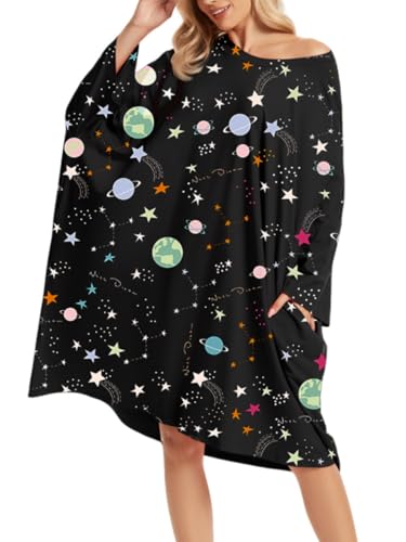 CRIPOM Plus Size Moo Moos for Women Oversized Sleep Shirts with Pockets - color: Star Universe