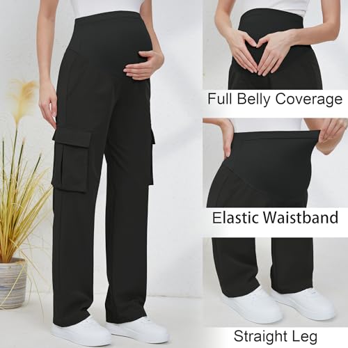 GLAMIX Women's Maternity Cargo Pants with Four Pockets Over The Belly Scrub Pants Pregnancy Clothes - color: Black, size: Large