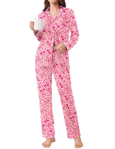 Ekouaer Womens Pajamas Set Button Down Long Sleeve Top & Pants Lounge Sets - color: Big Rose Bow, size: Medium