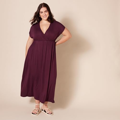 Amazon Essentials Women's V Neck Short Sleeve Empire Waist Maxi Dress (Available in Plus Size) - color: Burgundy, size: X-Small