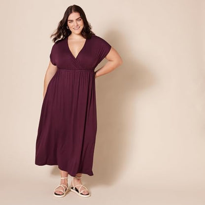 Amazon Essentials Women's V Neck Short Sleeve Empire Waist Maxi Dress (Available in Plus Size) - color: Burgundy, size: Small