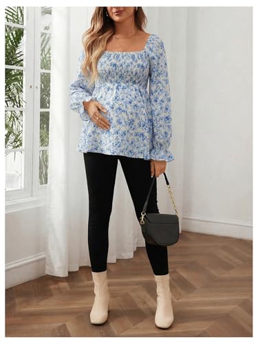 MakeMeChic Women's Maternity Blouse Long Sleeve Ruffle Peplum Dressy Shirts - color: Blue, size: Small