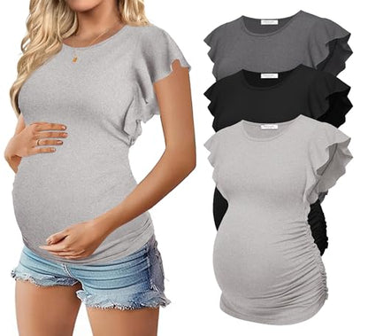 Ekouaer Maternity Shirts 3 Pack Flying Short Sleeve Tops Pregnancy Clothes - color: Dark Grey / Black / Light Grey(3pcs), size: Medium