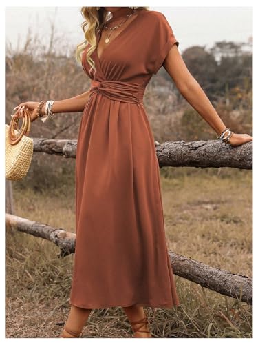 Floerns Women's Wrap V Neck Flowy Midi Dresses Short Sleeve A Line Ruched Beach Dress - color: Rust Brown, size: Large