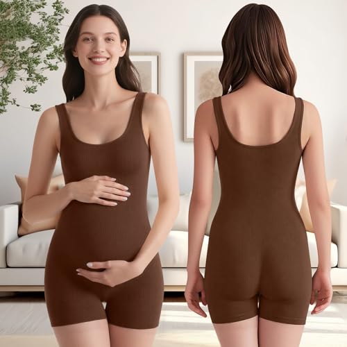 Coume 2 Pcs Maternity Romper Ribbed Pregnancy Bodysuit - color: Black, Coffee, size: Medium