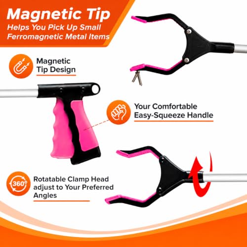 Grabber Reacher Pickup Tool – Foldable, Lightweight, Rotatable Clamp, Rose - color: Rose