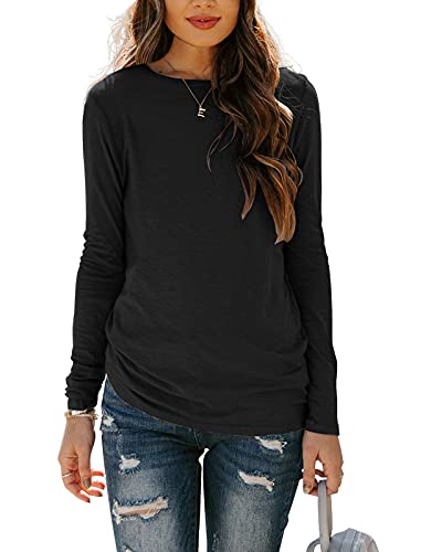 Sherosa Womens T-Shirts Long Sleeve Crew Neck Shirts Basic Tee Tops Blouse - color: A Black, size: Small