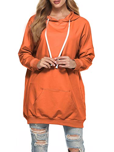 Famulily Womens Oversized Hoodie Extra Long Hooded Tunic Sweatshirt with Pockets - color: Orange, size: Small