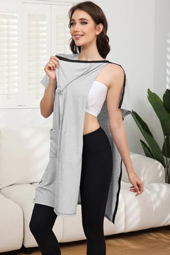 Women's Post Shoulder Surgery Tear Away Dress Short Sleeve Full Open Side Snap Adaptive Clothing with Pockets - color: Grey, size: X-Large
